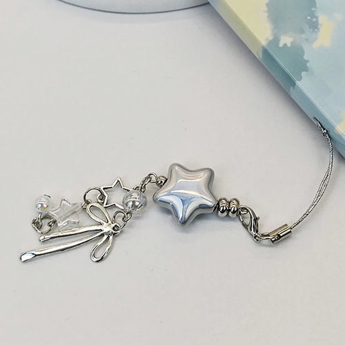 Cellphone Lanyard Keychain For Phone Style Metal Silver Star Bow Pendant Phone Charm Strap Sweet Cool Girl Pendant