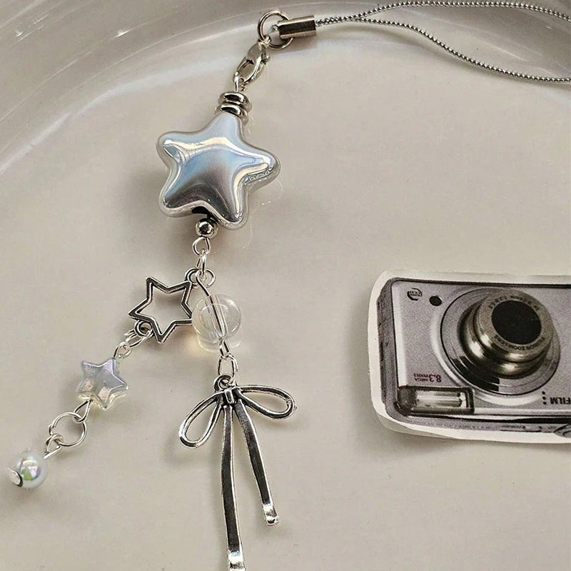 Cellphone Lanyard Keychain For Phone Style Metal Silver Star Bow Pendant Phone Charm Strap Sweet Cool Girl Pendant