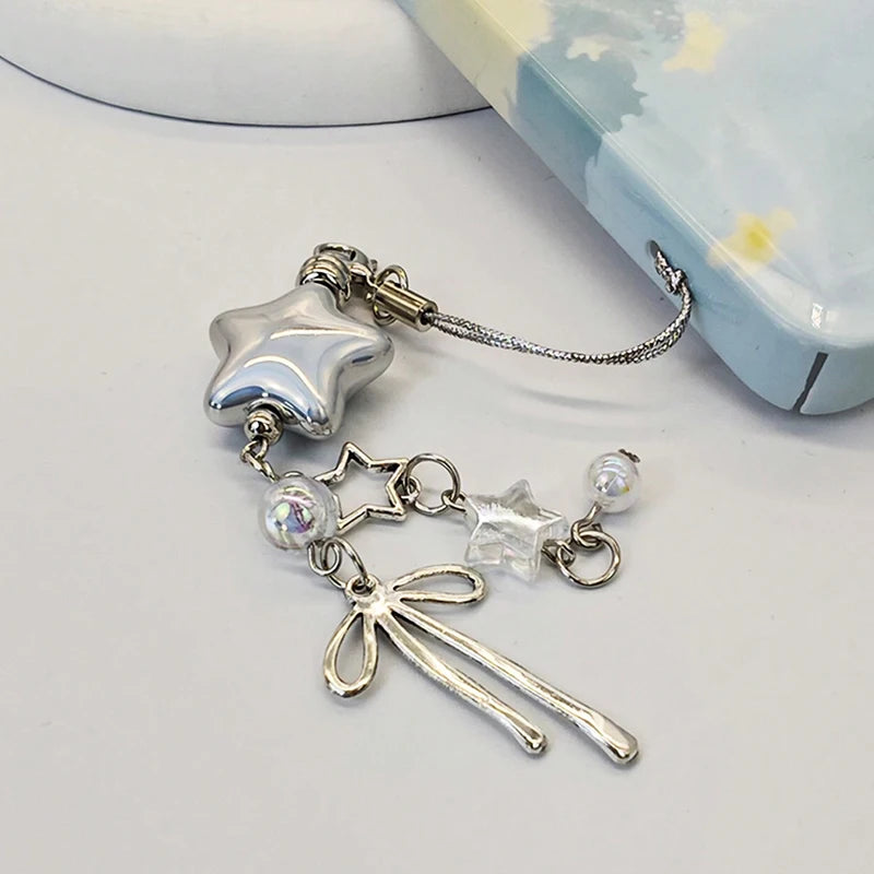 Cellphone Lanyard Keychain For Phone Style Metal Silver Star Bow Pendant Phone Charm Strap Sweet Cool Girl Pendant