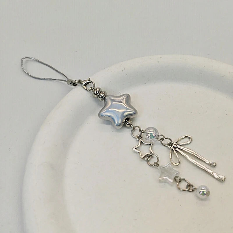 Cellphone Lanyard Keychain For Phone Style Metal Silver Star Bow Pendant Phone Charm Strap Sweet Cool Girl Pendant