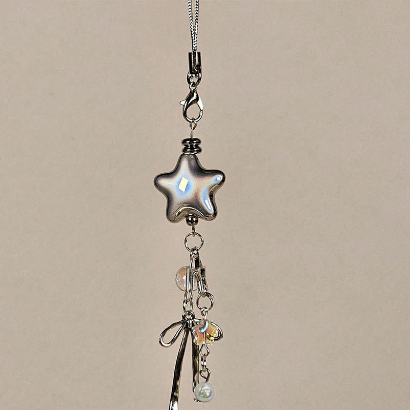 Cellphone Lanyard Keychain For Phone Style Metal Silver Star Bow Pendant Phone Charm Strap Sweet Cool Girl Pendant